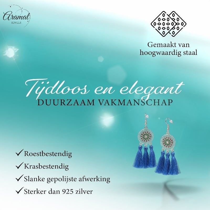 Aramat Jewels blue boho tassel earrings with stainless steel and enamel details on a promotional graphic background.