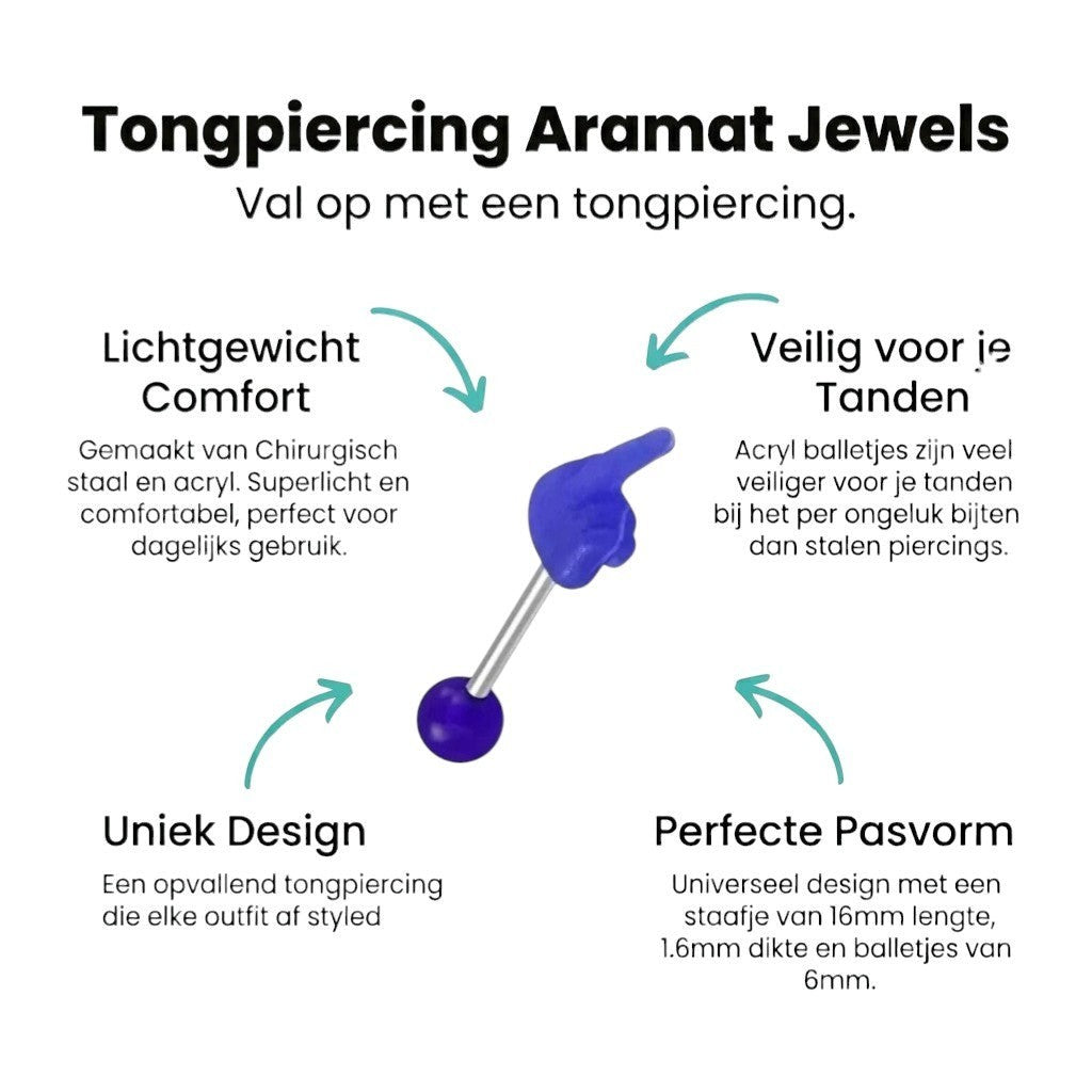 Aramat Jewels blue middle finger tongue piercing with a silver barbell and blue acrylic top.