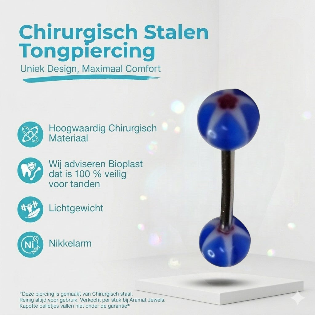 Aramat Jewels blue and white acrylic tongue piercing with star design and surgical steel bar.
