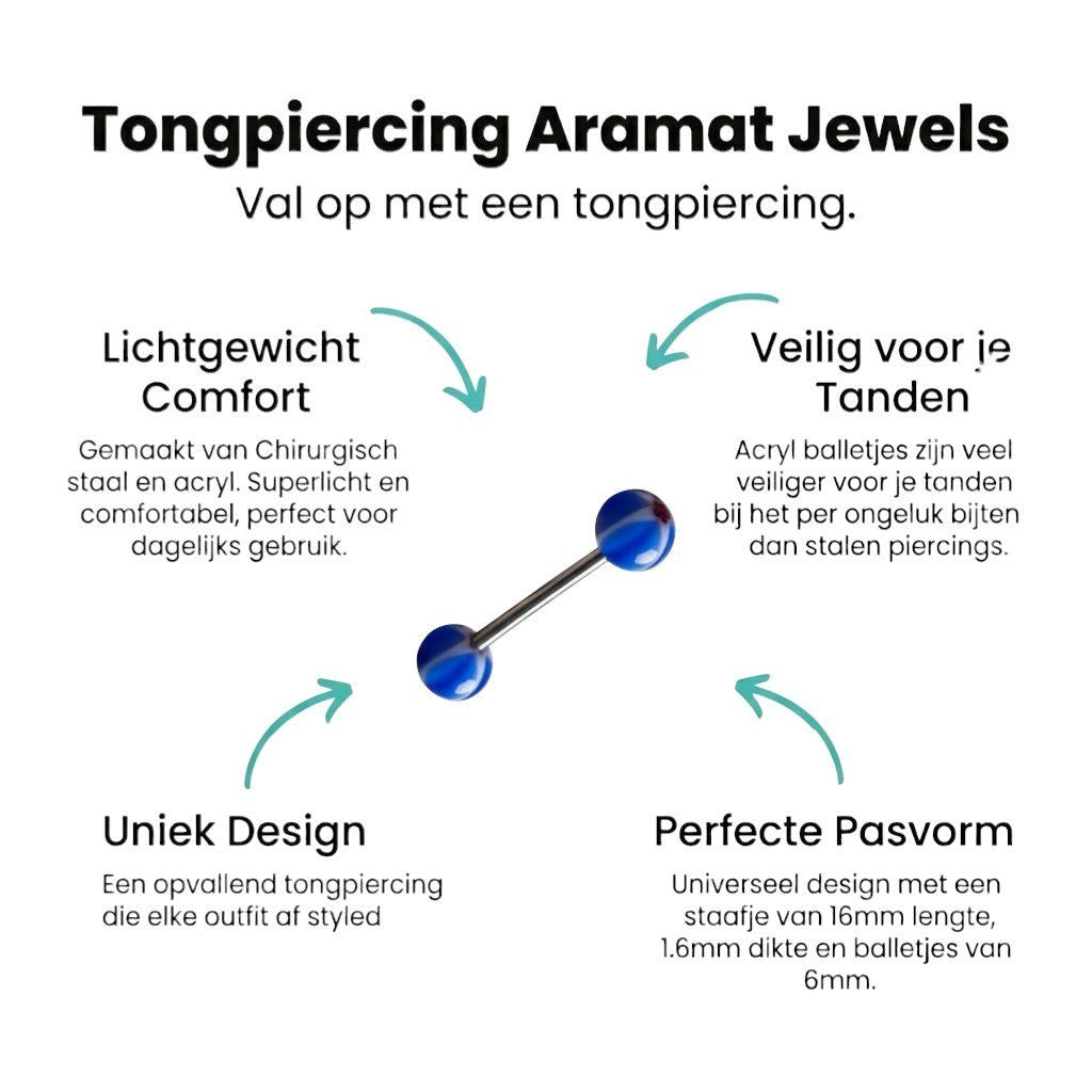 Aramat Jewels blue and white striped acrylic tongue piercing with a star design on the balls.