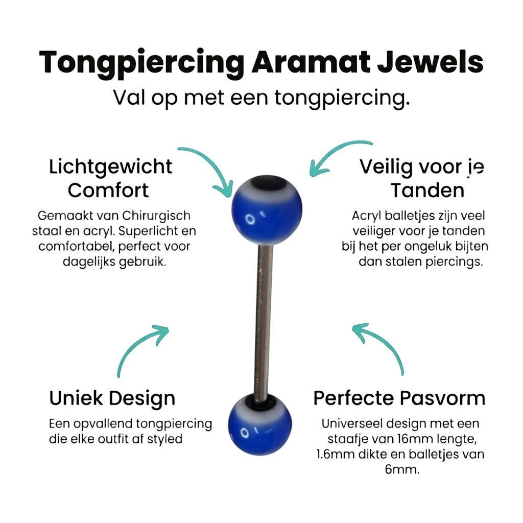 Aramat Jewels steel tongue piercing with blue, white, and black acrylic balls. Features a silver-tone barbell.