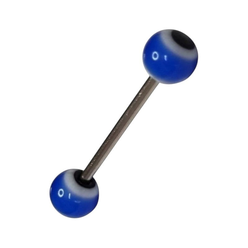 Aramat Jewels steel tongue piercing with blue, white, and black acrylic balls. Features a silver-tone bar.