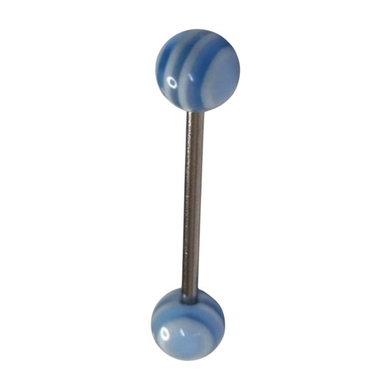 Aramat Jewels blue and white striped acrylic tongue piercing with a steel bar.