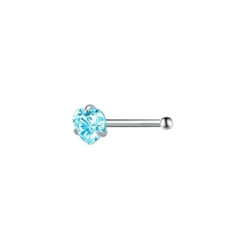 Aramat Jewels silver-colored steel nose piercing with a blue heart-shaped zirconia stone.