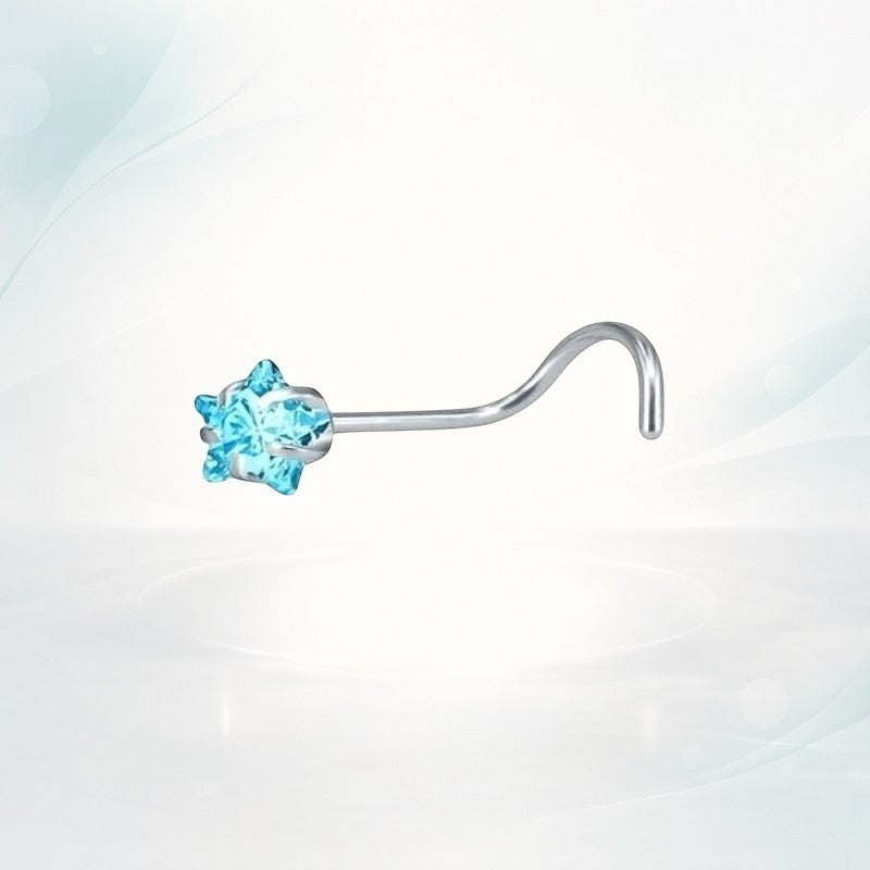 Aramat Jewels blue zirconia nose stud with a silver-tone S-shaped steel bar.