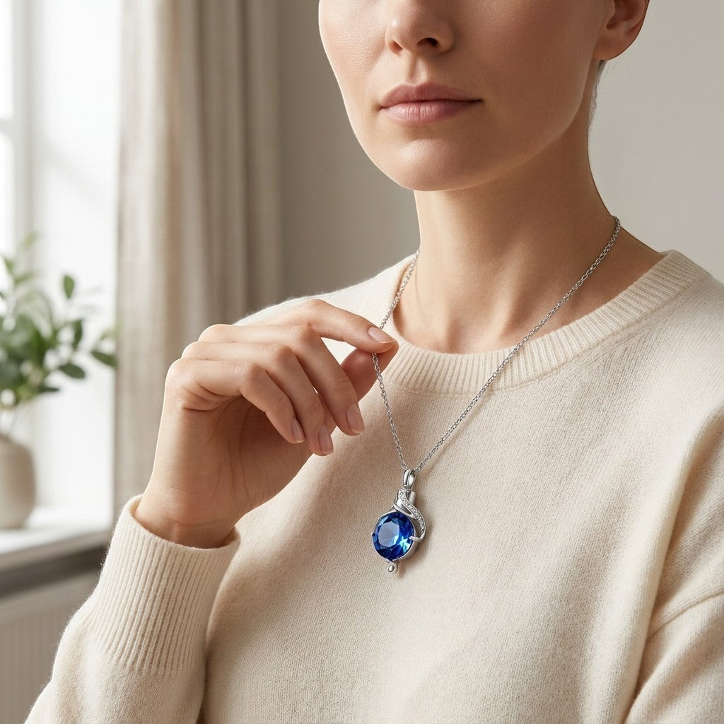 Aramat Jewels silver-tone stainless steel teardrop ash pendant with blue zirconia, 31x18mm, worn by a woman.