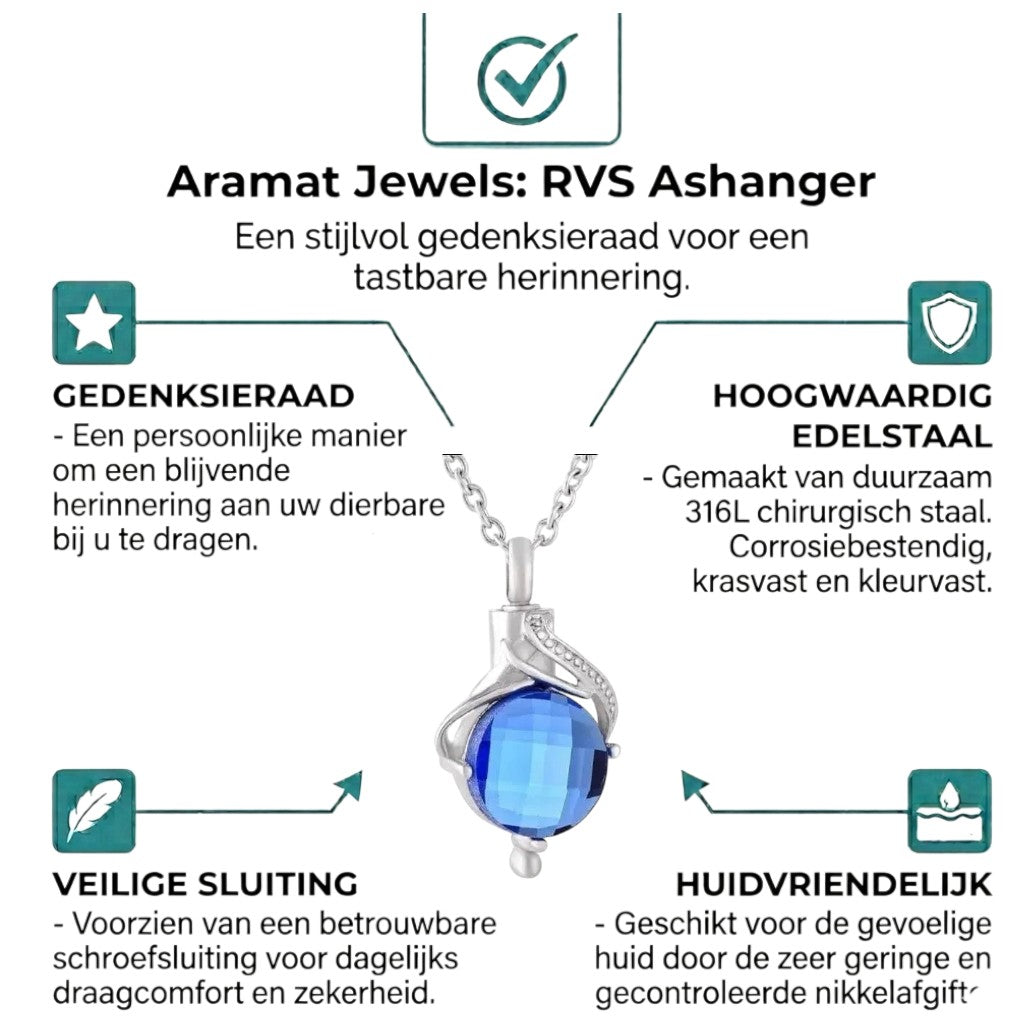 Aramat Jewels silver-tone stainless steel urn pendant with a faceted blue zirconia in a teardrop shape, 31x18mm.