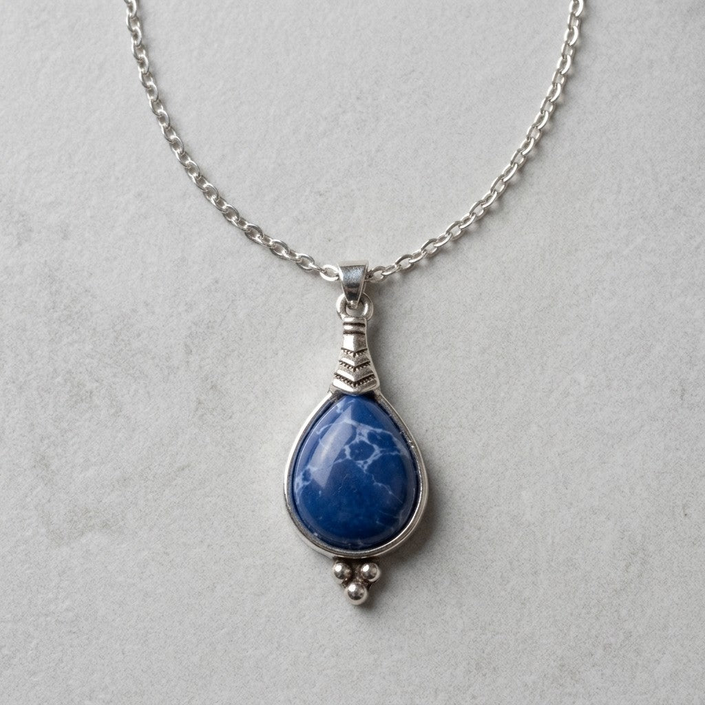 Aramat Jewels boho ketting met een donkerblauwe druppelvormige steen in een antiek zilverkleurige zinklegering hanger.