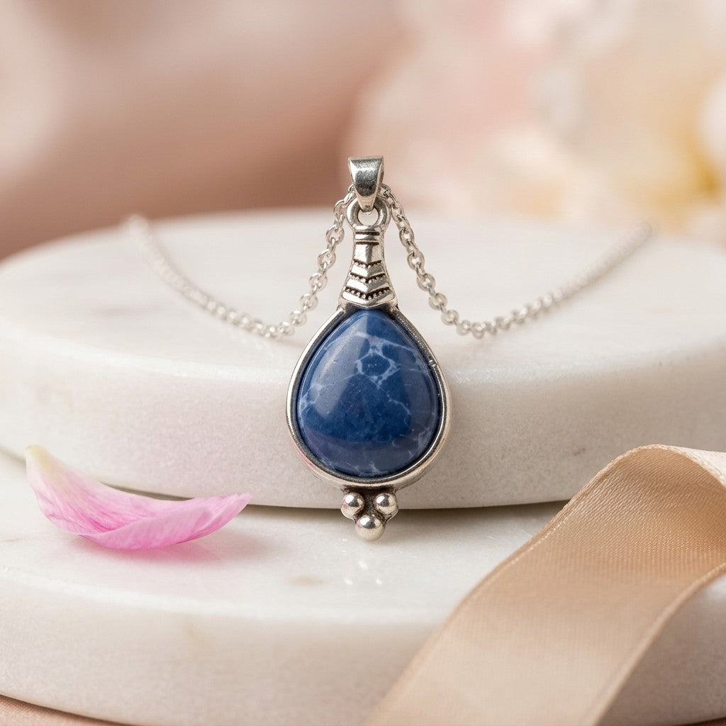 Aramat Jewels boho ketting met donkerblauwe druppelvormige steen in antiek zilverkleurige zinklegering hanger