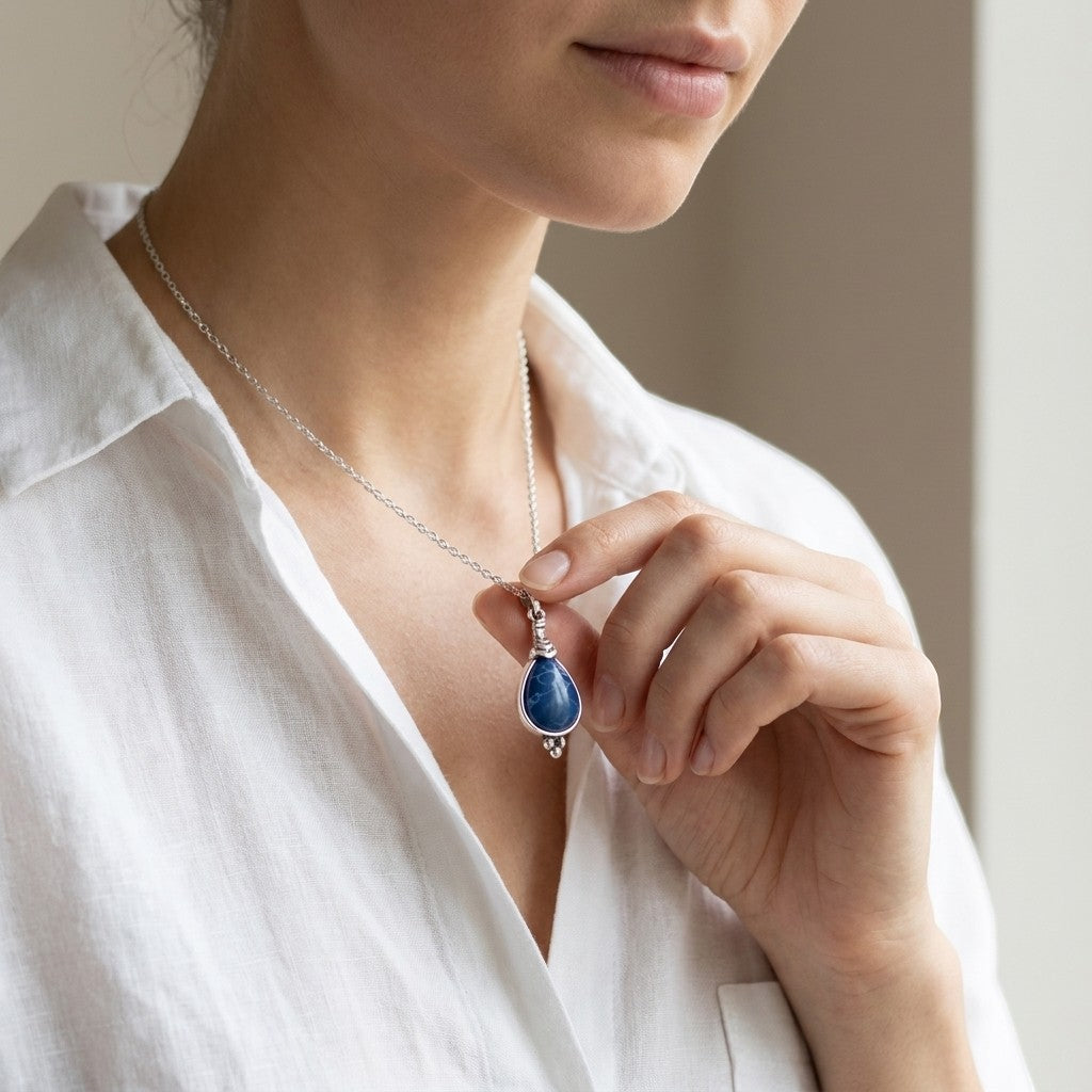 Aramat Jewels boho ketting met donkerblauwe druppelvormige steen en antiek zilverkleurige hanger gedragen door vrouw