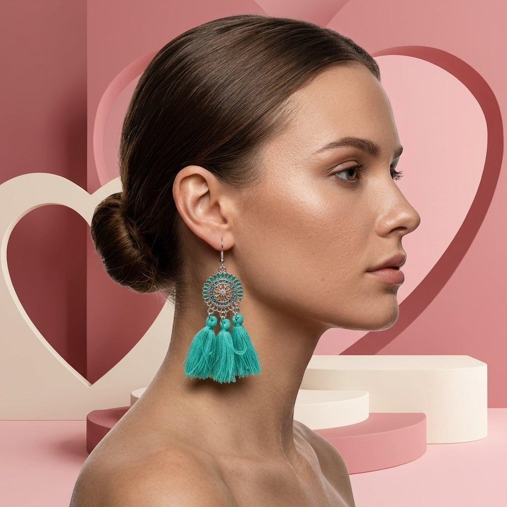 Model draagt Aramat Jewels boho oorhangers met mintgroene kwastjes en RVS emaille details tegen een roze achtergrond.