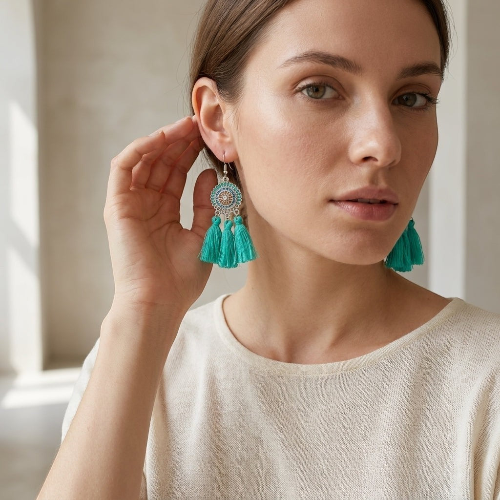 Model draagt Aramat Jewels boho oorhangers met mintgroene kwastjes en zilverkleurige RVS details voor een zomerse look.