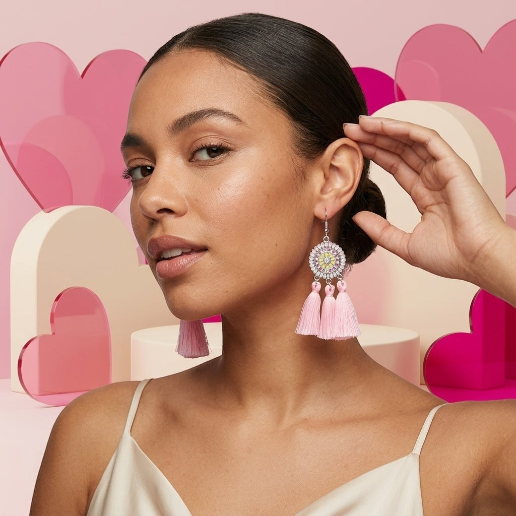 Model draagt Aramat Jewels boho oorhangers met lichtroze kwastjes en RVS details tegen een roze hartjesachtergrond.