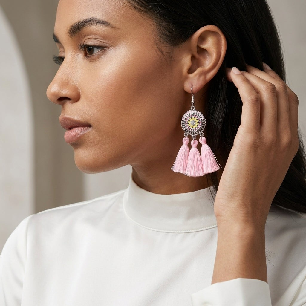 Model draagt Aramat Jewels boho oorhangers met licht roze kwastjes en RVS emaille details voor een zomerse look.