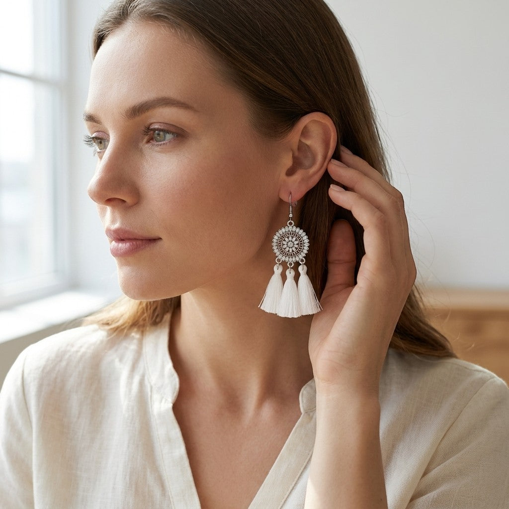 Aramat Jewels boho oorhangers met witte kwastjes en zilverkleurig metaal. Lange statement oorbellen.