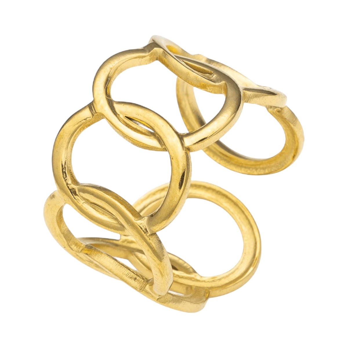 Aramat Jewels brede goudkleurige RVS ring met open ovale schakels, verstelbaar en stijlvol statement design.