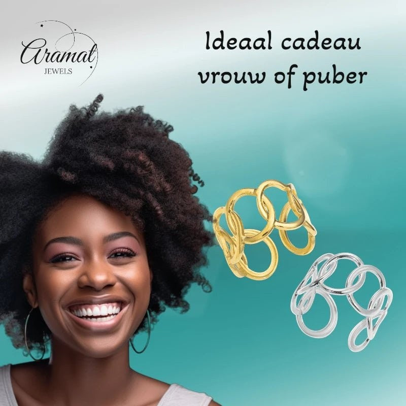 Aramat Jewels verstelbare brede ring met ovale schakels in goud en zilver, ideaal cadeau voor vrouw of puber.