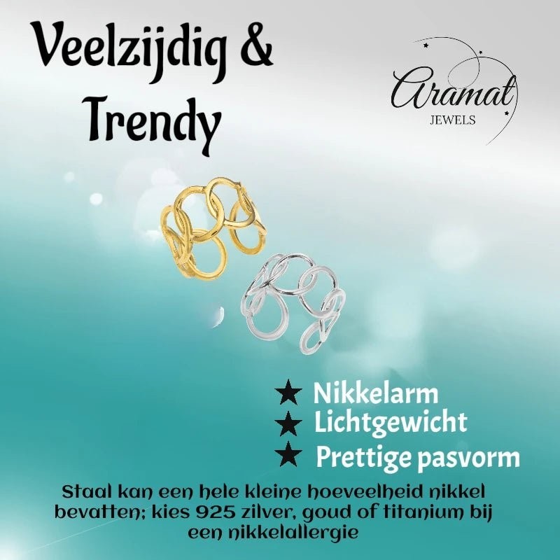 Aramat Jewels brede verstelbare ringen van RVS met ovale schakels in goudkleur en zilverkleur.