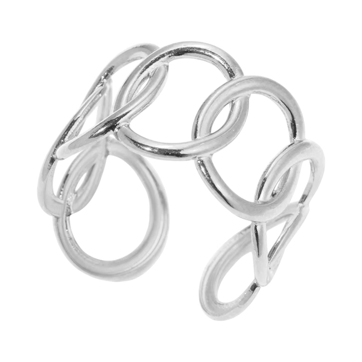 Aramat Jewels brede zilverkleurige RVS ring met open ovale schakels, verstelbaar one size statement design.