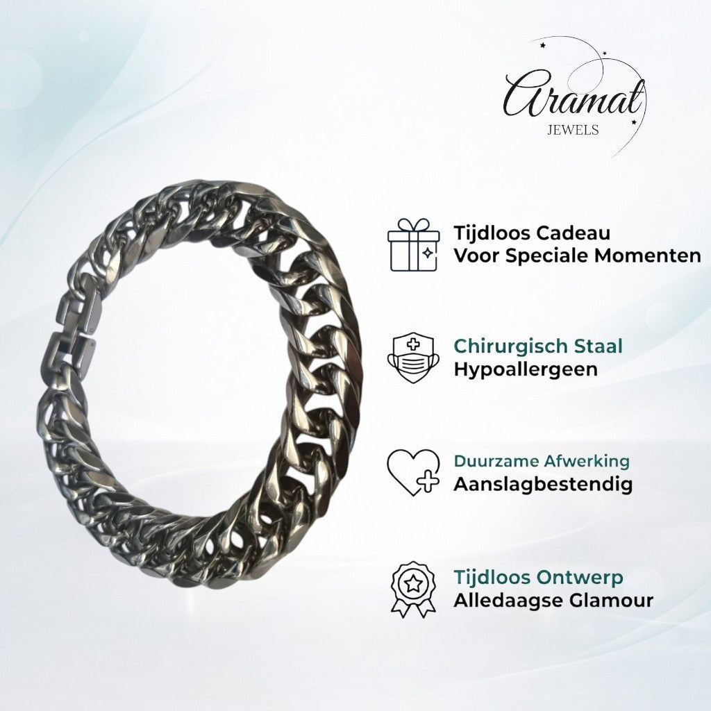 Aramat Jewels brede zilverkleurige stalen gourmet armband van 14mm breed en 22cm lang met een stevige sluiting.