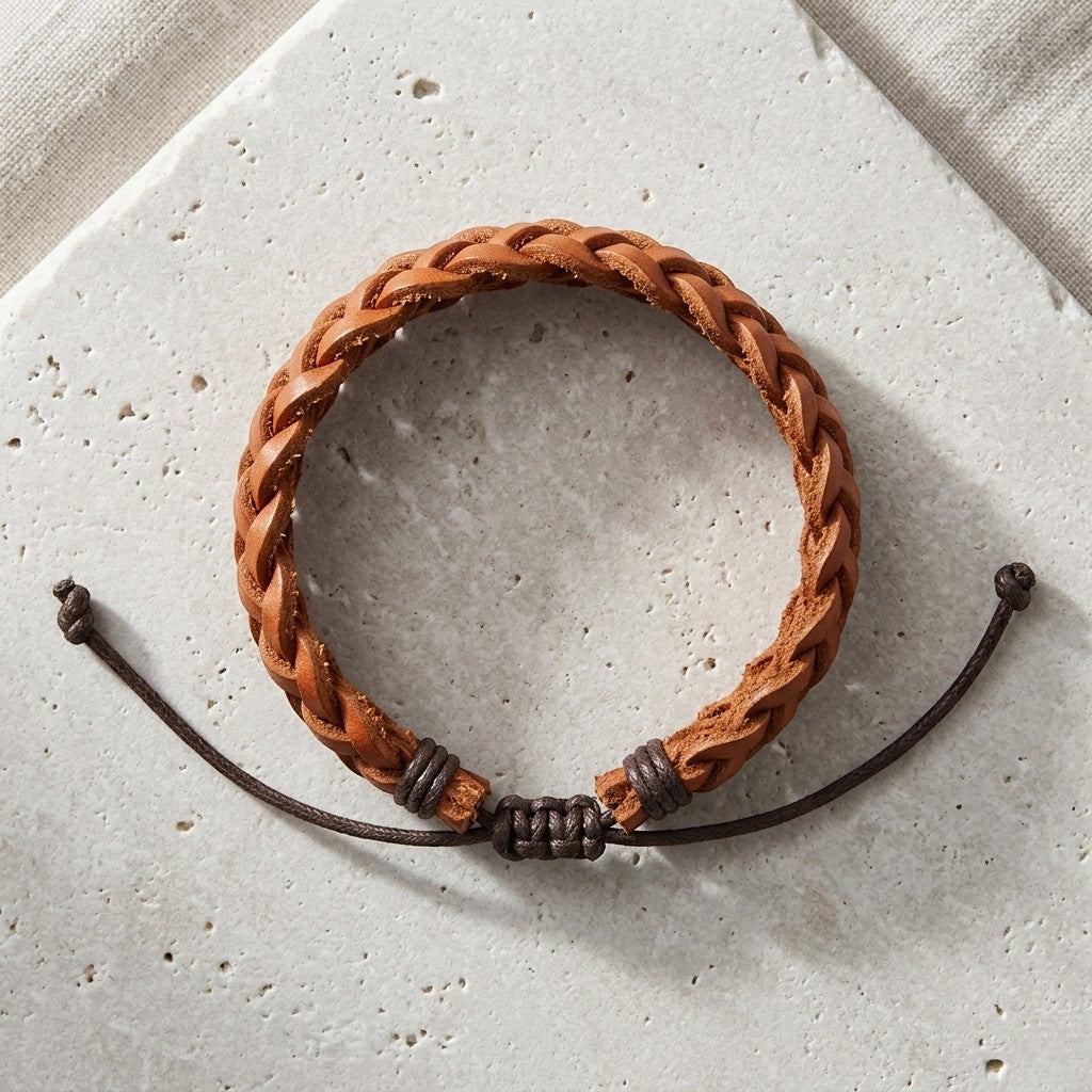 Aramat Jewels bruine gevlochten leren armband met verstelbaar touwsluiting op een natuurstenen ondergrond