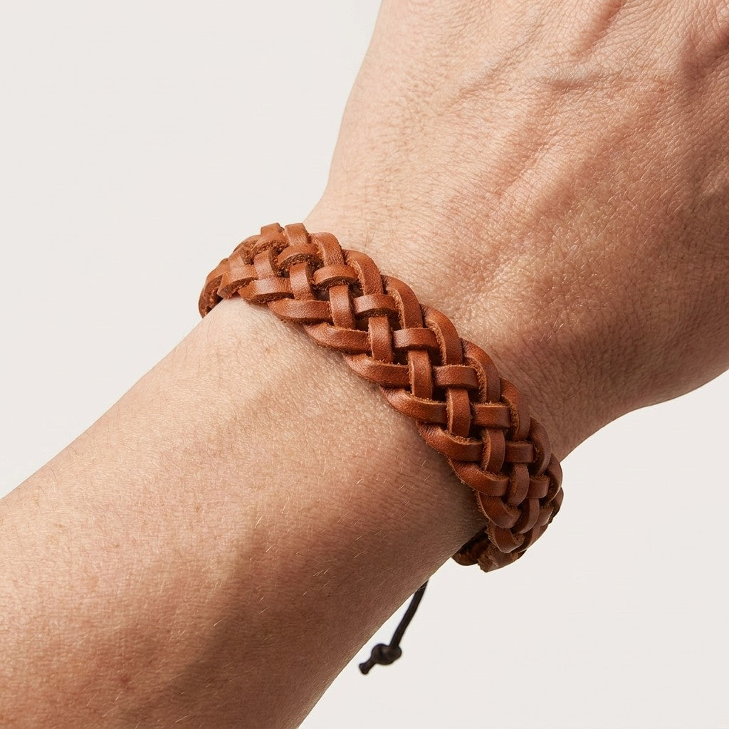 Aramat Jewels bruine gevlochten leren armband van 16mm breed, gedragen om een pols voor een stoere, natuurlijke look.