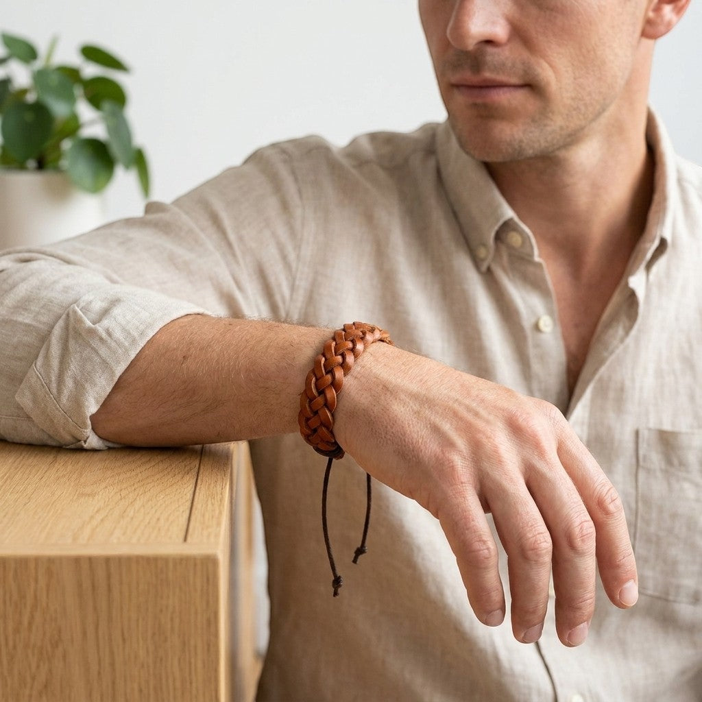 Aramat Jewels bruine gevlochten leren armband gedragen door een man in een beige linnen overhemd voor een casual look.