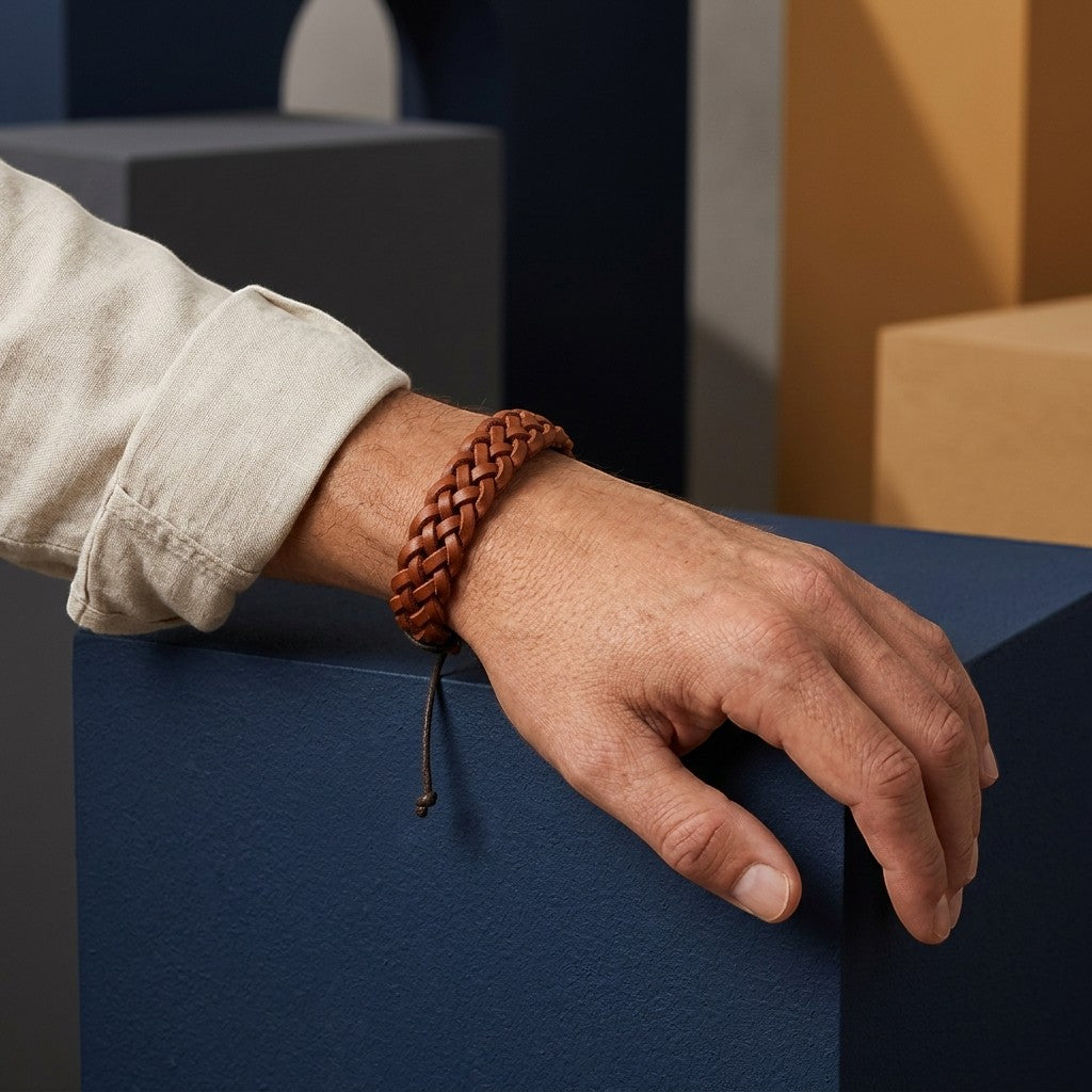 Aramat Jewels bruine gevlochten leren armband met verstelbare sluiting om de pols van een man in een studio setting.