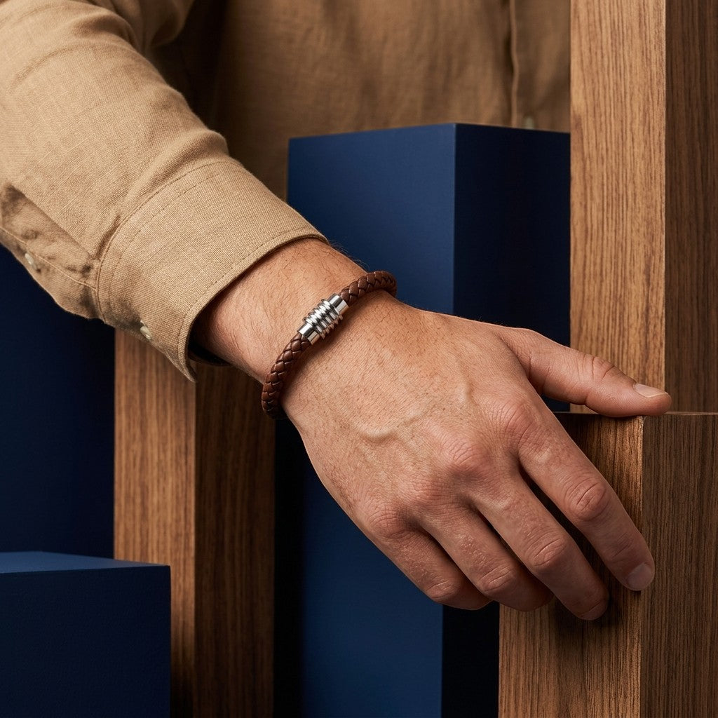 Aramat Jewels bruine gevlochten leren herenarmband met een roestvrijstalen magnetische sluiting om een pols.