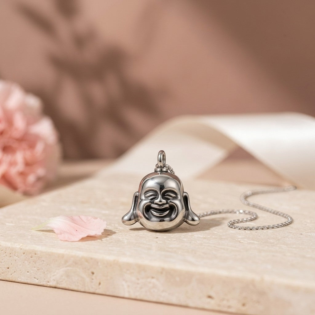 Aramat Jewels silver stainless steel Buddha ash pendant with chain, 4x3cm, for ashes of loved ones or pets.