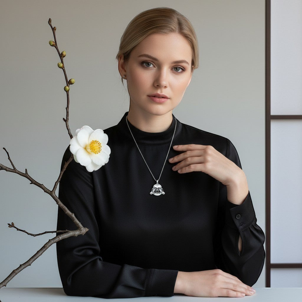Aramat Jewels stainless steel Buddha ash pendant necklace for women and men, 4x3cm, with 45cm chain.