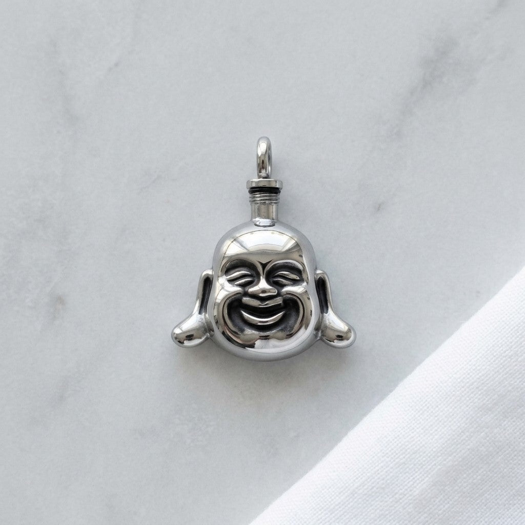 Aramat Jewels silver stainless steel Buddha ash urn pendant with chain. 4x3cm pendant, 45cm chain.