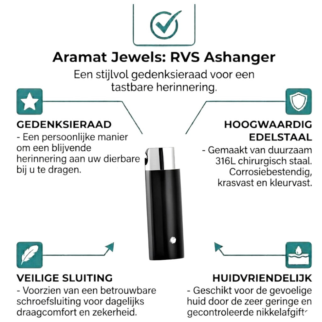 Aramat Jewels Buis ashanger in zilver en zwart RVS met zirkonia steen. Modern gedenksieraad.