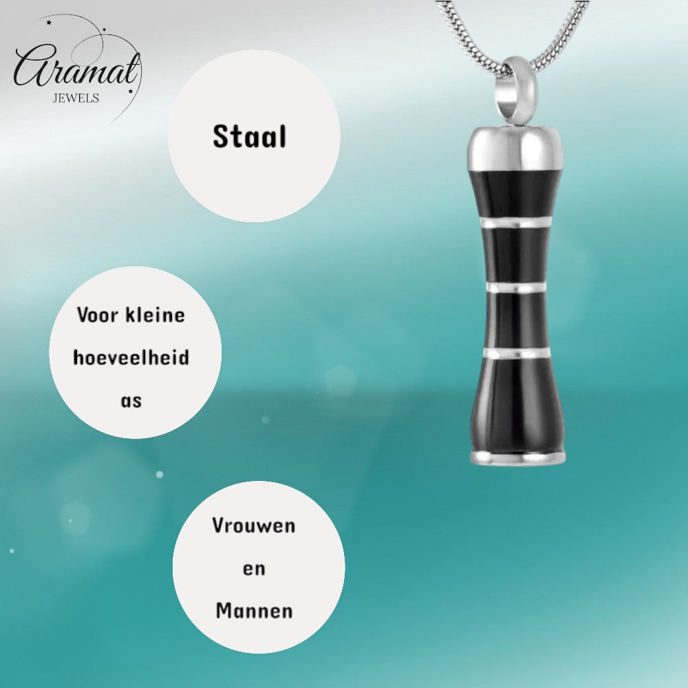 Aramat Jewels zwarte en zilverkleurige buis ashanger van 316L edelstaal met schroefsluiting.