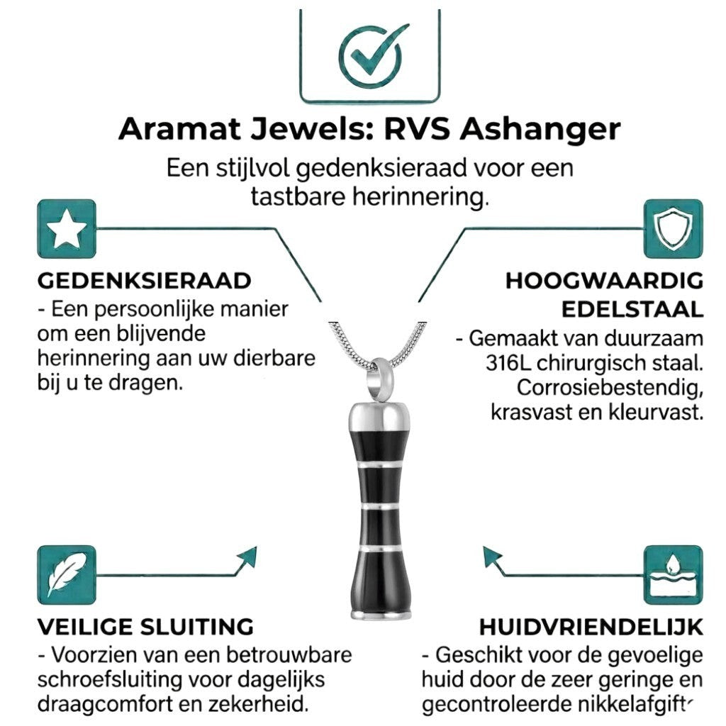 Aramat Jewels zwarte en zilverkleurige buis ashanger van 316L edelstaal met schroefsluiting