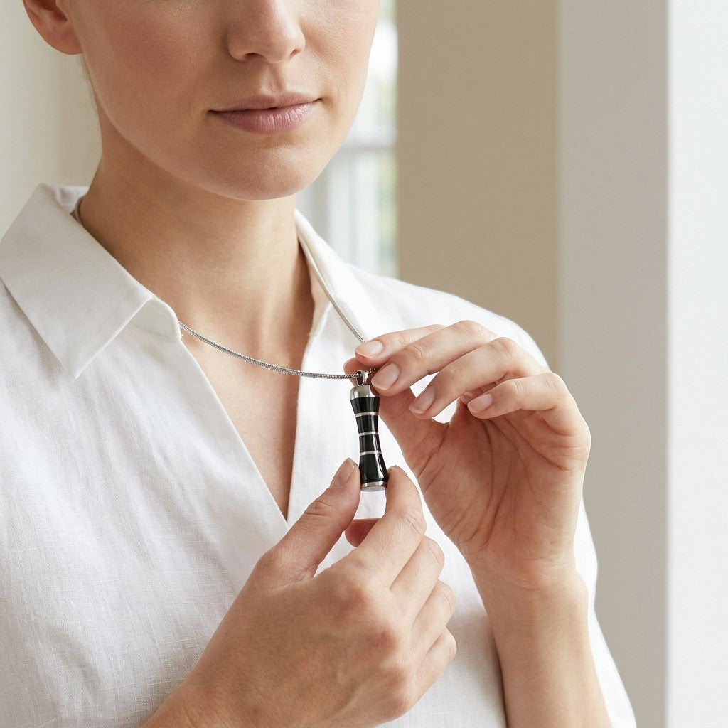 Aramat Jewels zwarte en zilverkleurige buis ashanger van 316L edelstaal met schroefsluiting.