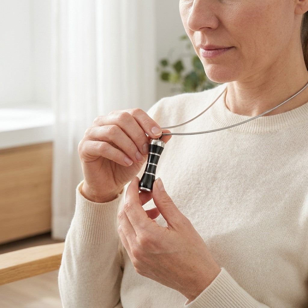 Aramat Jewels zwarte en zilverkleurige buis ashanger van 316L edelstaal met schroefsluiting.