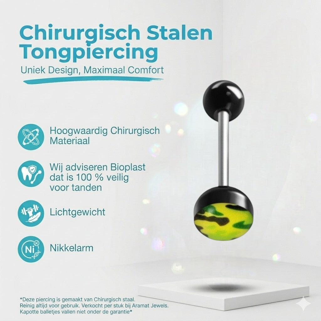 Aramat Jewels steel tongue piercing with black balls and a camouflage print on one ball.