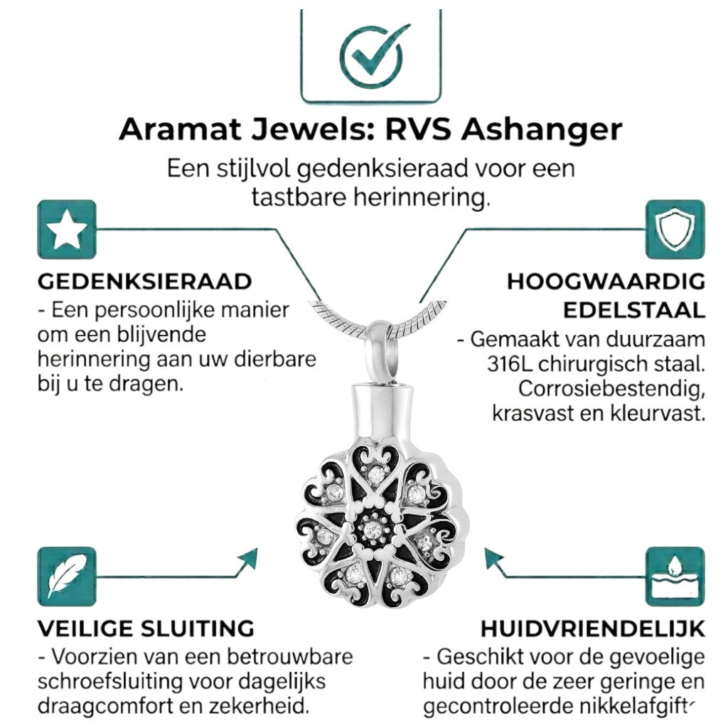 Aramat Jewels silver-tone round Celtic cremation ash pendant with black enamel and clear cubic zirconia stones.