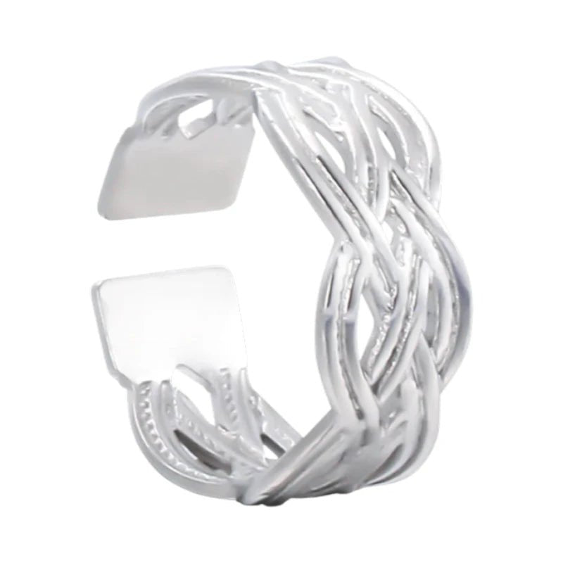Aramat Jewels adjustable silver-colored stainless steel ring with an intricate Celtic braided knot design.