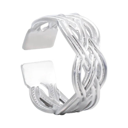 Aramat Jewels adjustable silver-colored stainless steel ring with an intricate Celtic braided knot design.