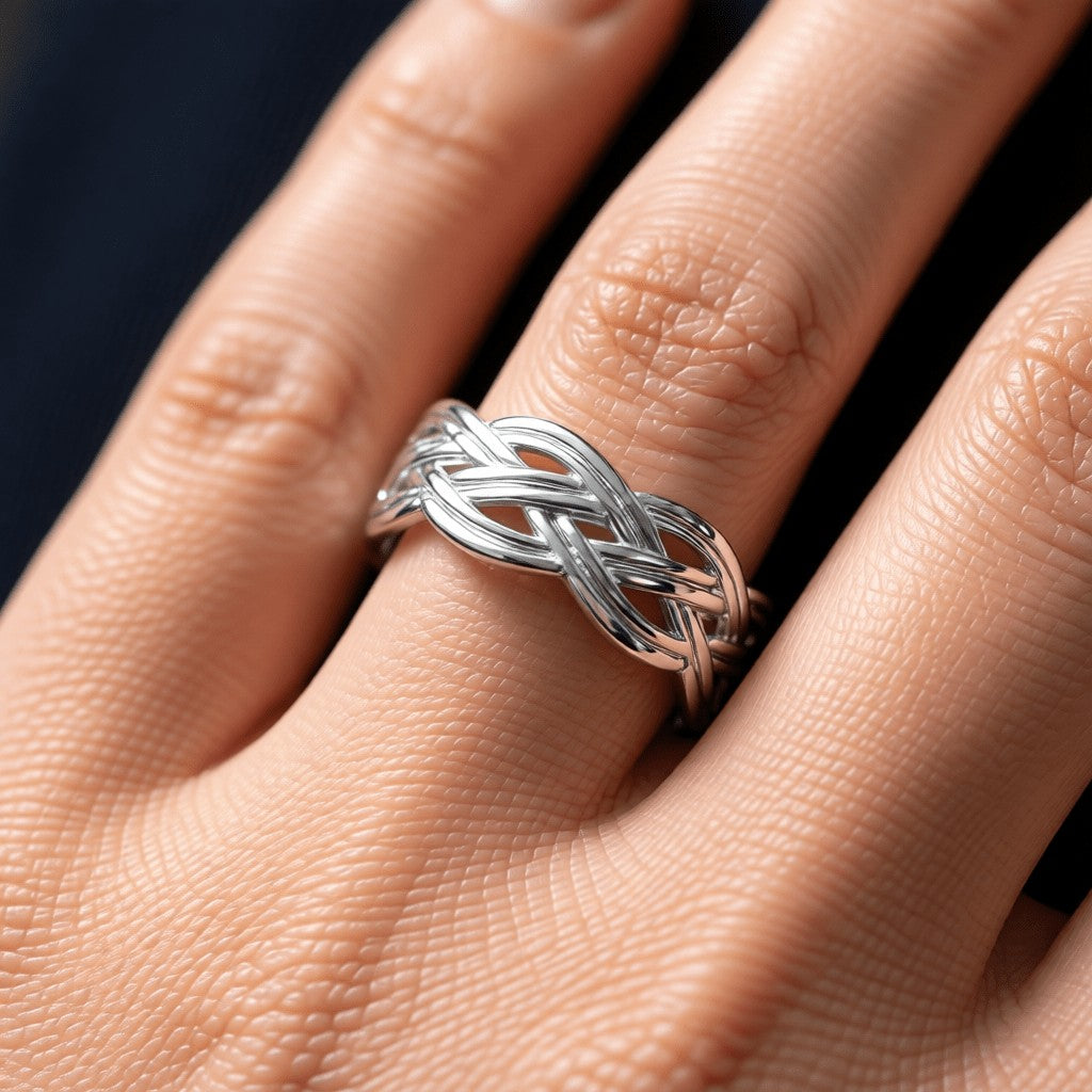 Aramat Jewels adjustable silver-colored stainless steel ring featuring an intricate Celtic braided knot design.