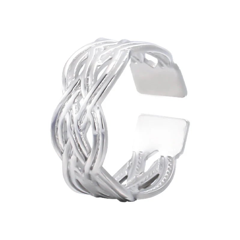 Aramat Jewels adjustable silver-colored stainless steel ring featuring an intricate Celtic braided knot design.