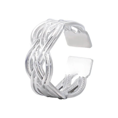 Aramat Jewels adjustable silver-colored stainless steel ring featuring an intricate Celtic braided knot design.