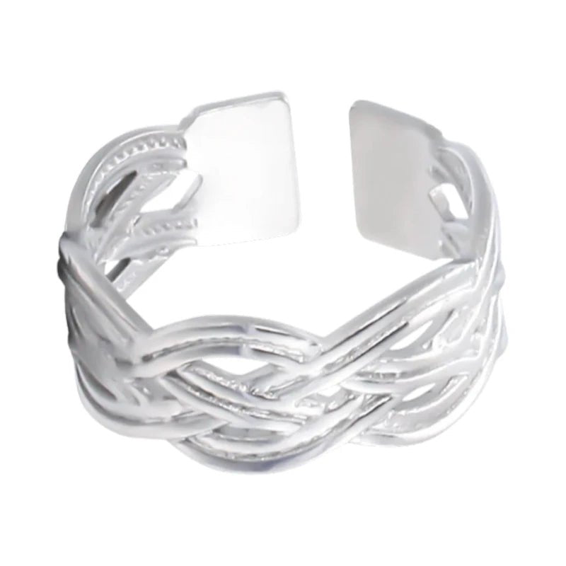 Aramat Jewels adjustable silver-colored stainless steel ring with an intricate Celtic braided knot design.