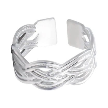 Aramat Jewels adjustable silver-colored stainless steel ring with an intricate Celtic braided knot design.