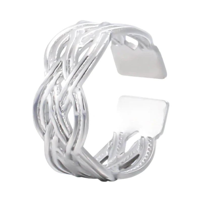 Aramat Jewels adjustable silver-colored stainless steel ring featuring an intricate Celtic braided knot design.