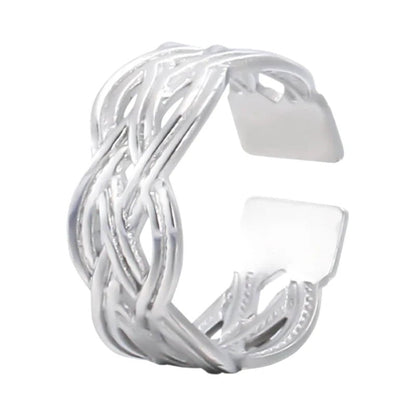 Aramat Jewels adjustable silver-colored stainless steel ring featuring an intricate Celtic braided knot design.