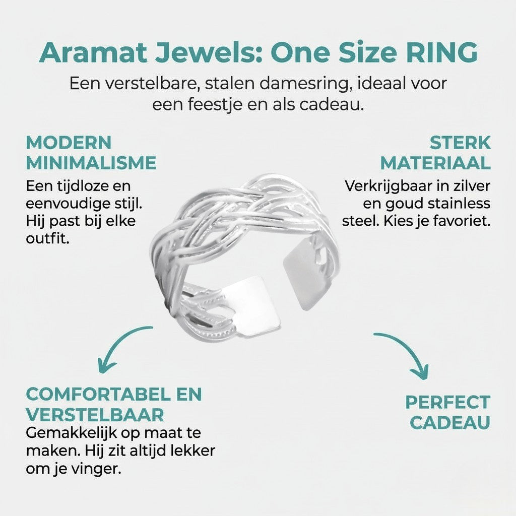Aramat Jewels adjustable silver-colored stainless steel ring with an intricate Celtic braided knot design.