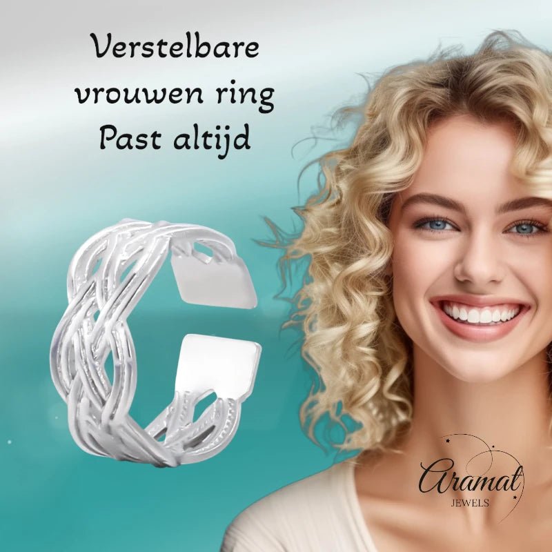 Aramat Jewels adjustable silver stainless steel ring with a Celtic braided pattern worn by a smiling woman